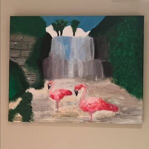 Hand Painted Flamingo Waterfall Canvas Art